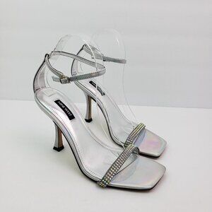 Nine West Yessa 3 Womens Size 8.5 Silver Rhinestones Square Toe 4" Heeled Sandal
